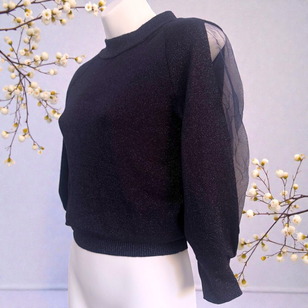 Midnight Blue Sparkle Knit Top | Sheer Sleeve Slits | Size S | NWT